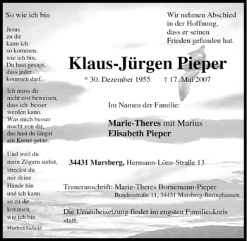 Traueranzeige von Klaus-Jürgen Pieper von Tageszeitung