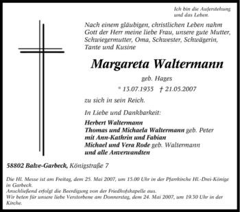 Traueranzeige von Margareta Waltermann von Tageszeitung