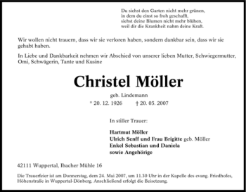 Traueranzeige von Christel Möller von Tageszeitung