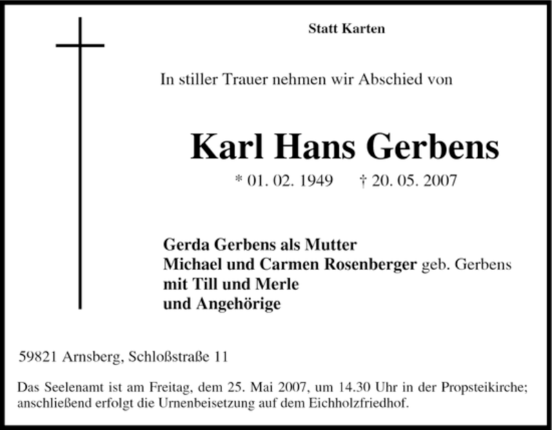  Traueranzeige für Karl Hans Gerbens vom 22.05.2007 aus Tageszeitung