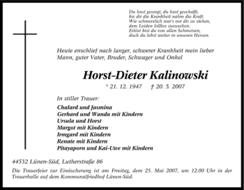 Traueranzeige von Horst-Dieter Kalinowski von Tageszeitung