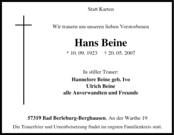 Traueranzeige von Hans Beine von Tageszeitung