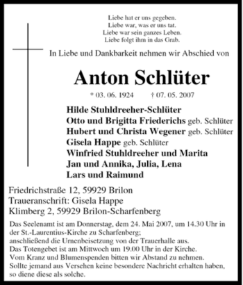 Traueranzeige von Anton Schlüter von Tageszeitung