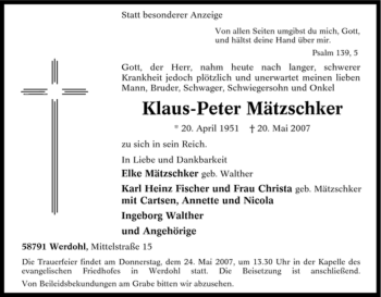Traueranzeige von Klaus-Peter Mätzschker von Tageszeitung