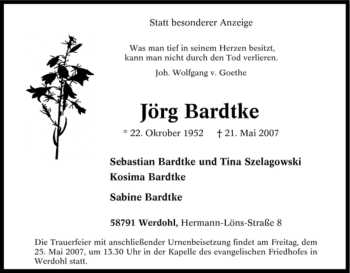 Traueranzeige von Jörg Bardtke von Tageszeitung