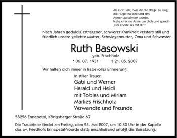 Traueranzeige von Ruth Basowski von Tageszeitung
