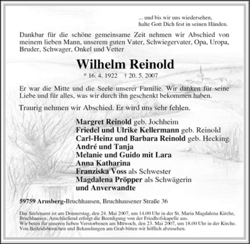  Traueranzeige für Wilhelm Reinold vom 22.05.2007 aus Tageszeitung