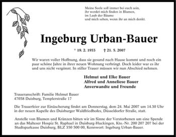 Traueranzeige von Ingeburg Urban-Bauer von Tageszeitung
