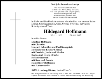 Traueranzeige von Hildegard Hoffmann von Tageszeitung