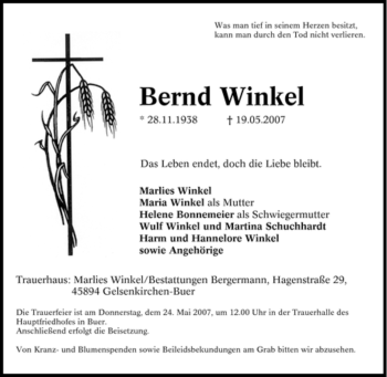 Traueranzeige von Bernd Winkel von Tageszeitung