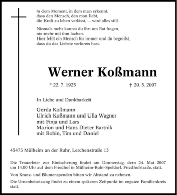 Traueranzeige von Werner Koßmann von Tageszeitung