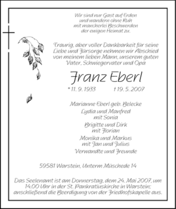 Traueranzeige von Franz Eberl von Tageszeitung