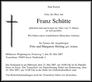 Traueranzeige von Franz Schütte von Tageszeitung