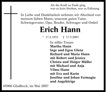Traueranzeige von Erich Hann von Tageszeitung