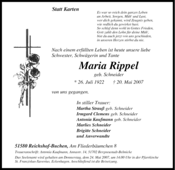 Traueranzeige von Maria Rippel von Tageszeitung