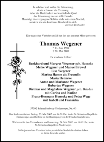 Traueranzeige von Thomas Wegener von Tageszeitung