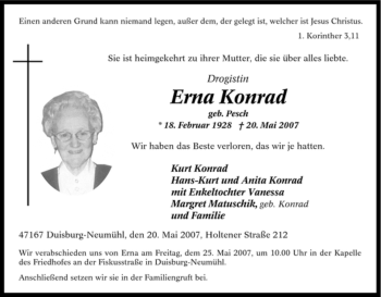 Traueranzeige von Drogistin Erna Konrad von Tageszeitung