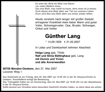 Traueranzeige von Günther Lang von Tageszeitung