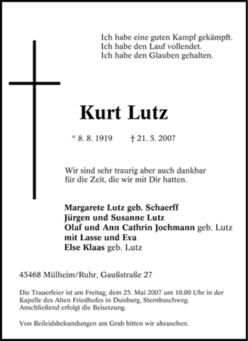 Traueranzeige von Kurt Lutz von Tageszeitung