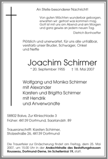 Traueranzeige von Joachim Schirmer von Tageszeitung