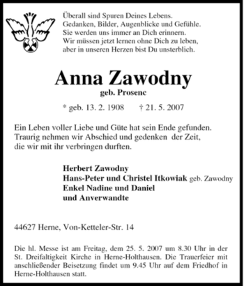 Traueranzeige von Anna Zawodny von Tageszeitung