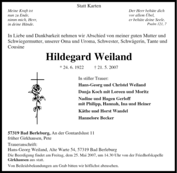 Traueranzeige von Hildegard Weiland von Tageszeitung