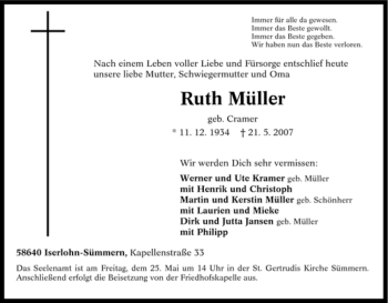 Traueranzeige von Ruth Müller von Tageszeitung