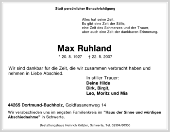 Traueranzeige von Ma x Ruhland von Tageszeitung