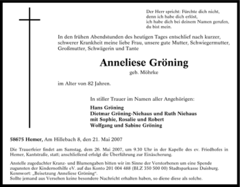 Traueranzeige von Anneliese Gröning von Tageszeitung