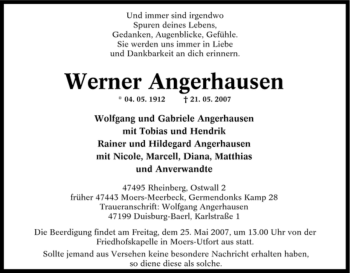 Traueranzeige von Werner Angerhausen von Tageszeitung