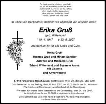 Traueranzeige von Erika Gruß von Tageszeitung