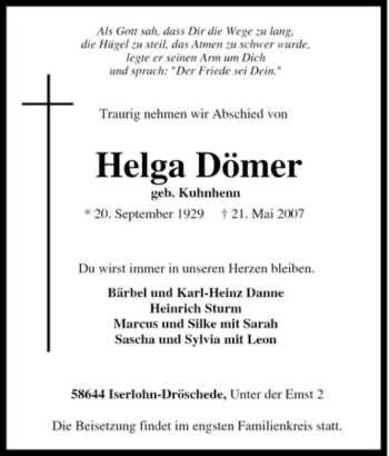 Traueranzeige von Helga Dömer von Tageszeitung