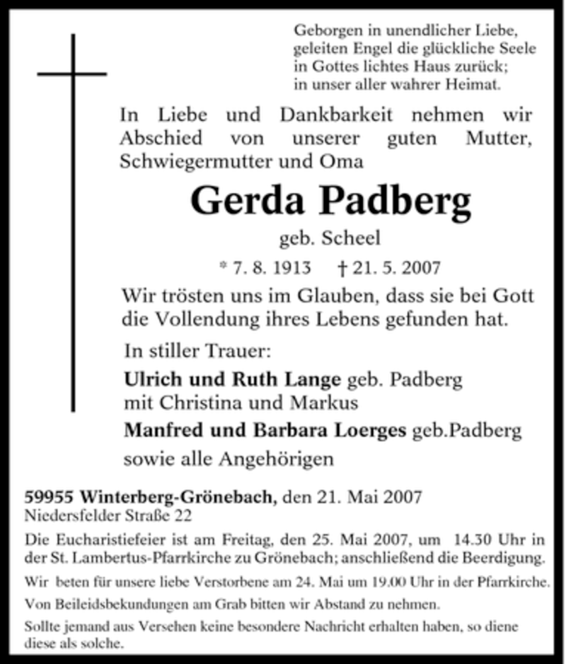  Traueranzeige für Gerda Padberg vom 23.05.2007 aus Tageszeitung