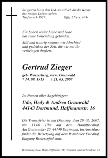 Traueranzeige von Gertrud Zieger von Tageszeitung