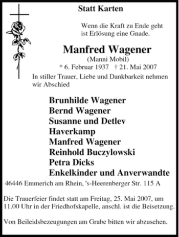Traueranzeige von Manfred Wagener von Tageszeitung