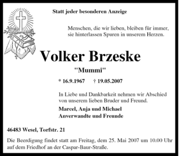 Traueranzeige von Volker Brzeske von Tageszeitung