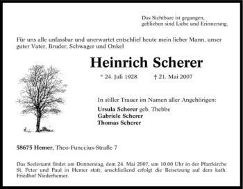 Traueranzeige von Heinrich Scherer von Tageszeitung