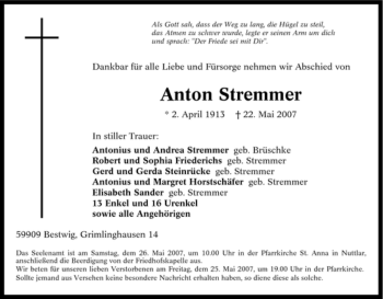 Traueranzeige von Anton Stremmer von Tageszeitung