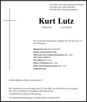 Traueranzeige von Kurt Lutz von Tageszeitung