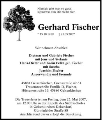 Traueranzeige von Gerhard Fischer von Tageszeitung