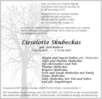Traueranzeige von Lieselotte Skubeckas von Tageszeitung
