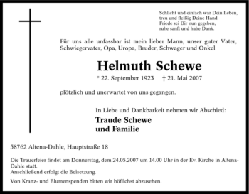 Traueranzeige von Helmuth Schewe von Tageszeitung