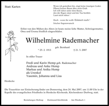Traueranzeige von Wilhelmine Rademacher von Tageszeitung