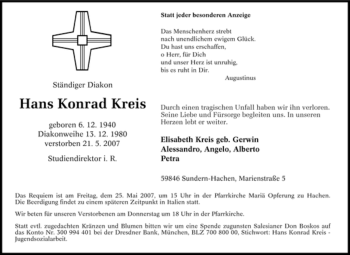 Traueranzeige von Hans Konrad Kreis von Tageszeitung