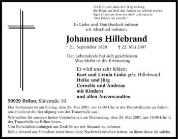 Traueranzeige von Johannes Hillebrand von Tageszeitung