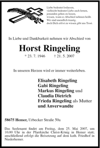 Traueranzeige von Horst Ringeling von Tageszeitung