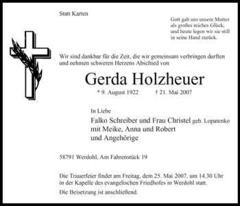 Traueranzeige von Gerda Holzheuer von Tageszeitung