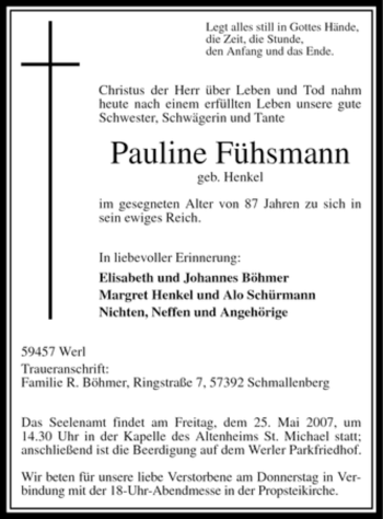 Traueranzeige von Pauline Fühsmann von Tageszeitung