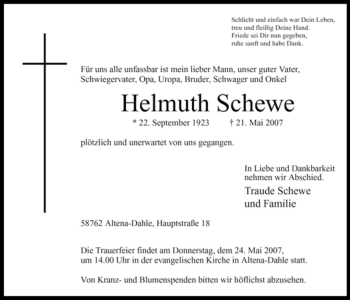 Traueranzeige von Helmuth Schewe von Tageszeitung