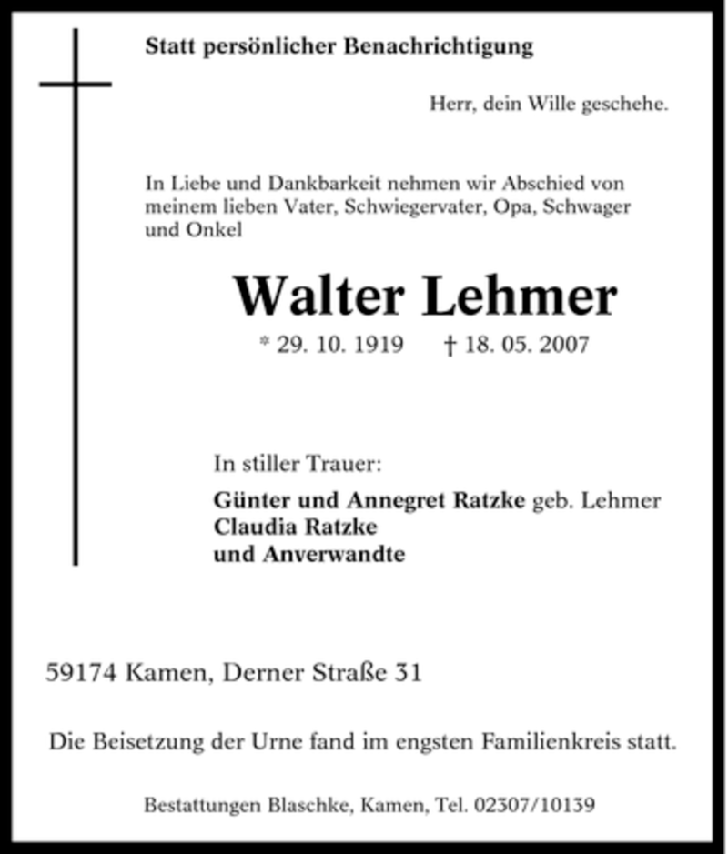  Traueranzeige für Walter Lehmer vom 24.05.2007 aus Tageszeitung